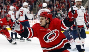 Carolina Hurricanes' Logan Stankoven (22) celebrates his goal with Washington Capitals' Alex Ovechkin (8) nearby during the second period of an NHL hockey game in Raleigh, N.C., Wednesday, April 2, 2025. (AP Photo/Karl DeBlaker)