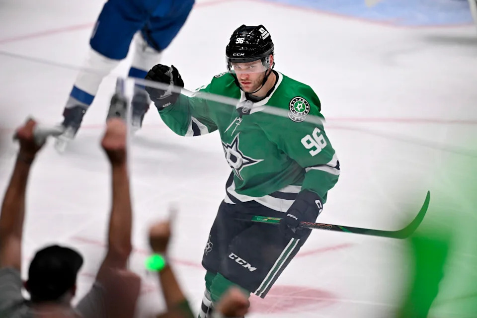 Dallas Stars right wing Mikko Rantanen celebrates against the Colorado Avalanche.Jerome Miron-Imagn Images