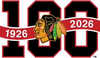 Chicago Blackhawks Logo Anniversary Logo (2025/26) - The Chicago Blackhawks 100th anniversary, centennial season logo shows the Blackhawks logo on a black ribbon that reads 1926 and 2026 all placed upon the number 100 in white block numbering trimmed in black and red. This logo was also worn as a patch on the right shoulder of the team