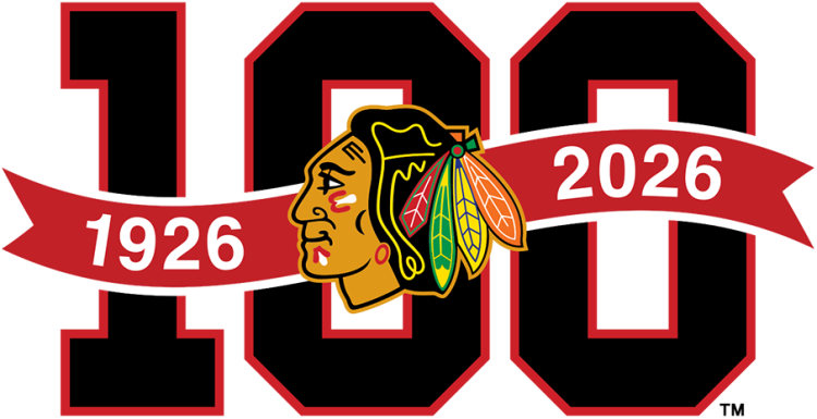 Chicago Blackhawks Logo Anniversary Logo (2025/26) - The Chicago Blackhawks 100th anniversary, centennial season logo shows the Blackhawks logo on a black ribbon that reads 1926 and 2026 all placed upon the number 100 in white block numbering trimmed in black and red. This logo was also worn as a patch on the right shoulder of the team's uniforms during the 2025-26 season. SportsLogos.Net Chicago Blackhawks Logo Anniversary Logo (2025/26) - The Chicago Blackhawks 100th anniversary, centennial season logo shows the Blackhawks logo on a black ribbon that reads 1926 and 2026 all placed upon the number 100 in white block numbering trimmed in black and red. This logo was also worn as a patch on the right shoulder of the team's uniforms during the 2025-26 season. SportsLogos.Net