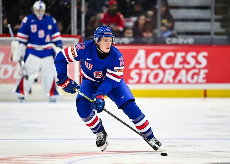 James Hagensof Team USA skates the puck in the third period against Team Finland of the Group A match during the 2025 IIHF World Junior Championship at Canadian Tire Centre on December 29, 2024. Getty Images