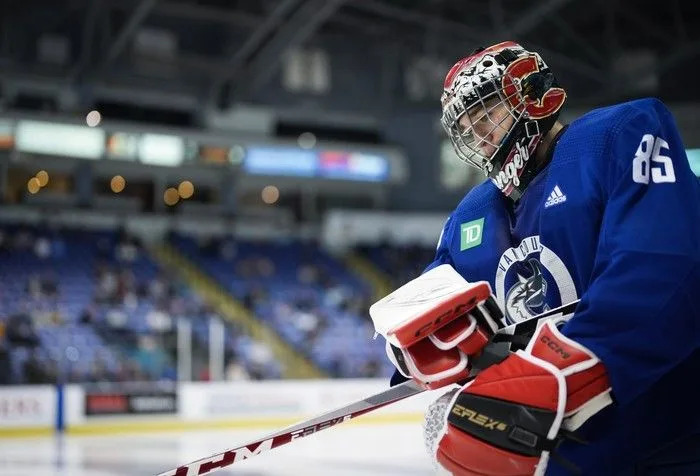 Vancouver Canucks goalie Ty Young skates back to the net after taking a break during the opening day of the NHL hockey team’s training camp, in Victoria in September 2023. Young agreed to a three-year, entry-level contract with the Vancouver Canucks.