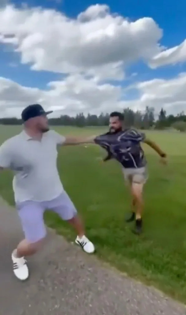 Ex-NHLer Nick Tarnasky (left) fighting Trevor Ogilvie on July 4. X/NUCLRGOLF