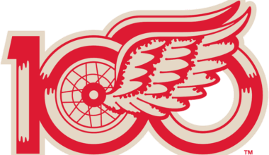 Detroit Red Wings Logo Anniversary Logo (2025/26) - The Detroit Red Wings 100th season anniversary logo shows their classic winged-wheel logo recoloured in red and beige, placed between a 1 and 0 to display a 100. The 1 and 0 have been designed to resemble the wheel portion of the Red Wings logo. This logo is worn as a patch on the shoulder of the Detroit Red Wings jersey during the 2025-26 season. SportsLogos.Net