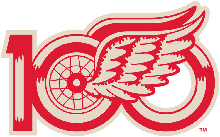 Detroit Red Wings Logo Anniversary Logo (2025/26) - The Detroit Red Wings 100th season anniversary logo shows their classic winged-wheel logo recoloured in red and beige, placed between a 1 and 0 to display a 100. The 1 and 0 have been designed to resemble the wheel portion of the Red Wings logo. This logo is worn as a patch on the shoulder of the Detroit Red Wings jersey during the 2025-26 season. SportsLogos.Net
