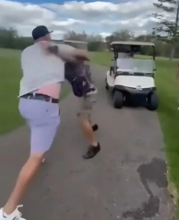 Nick Tarnasky punches Trevor Ogilvie during a fight on a golf course in Alberta on July 4, 2025. X/NUCLR Golf