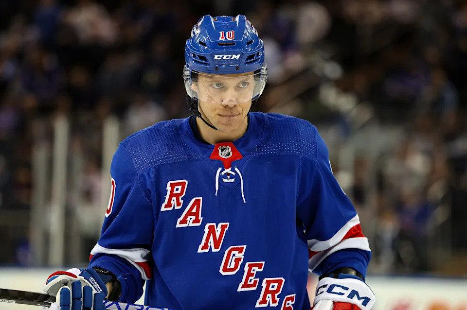 Apr 11, 2024; New York, New York, USA; New York Rangers left wing Artemi Panarin (10) awaits a face-off against the Philadelphia Flyers during the first period at Madison Square Garden.