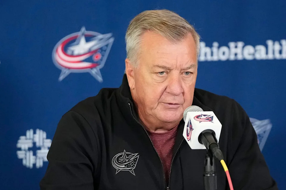Sep 18, 2024; Columbus, Ohio, USA; Columbus Blue Jackets general manager Don Waddell speaks during a media day press conference at Nationwide Arena. The Blue Jackets start training camp on Sept. 19.