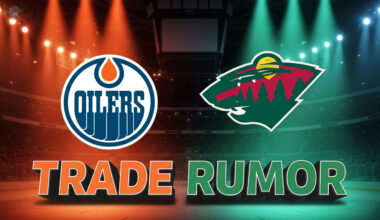 image featuring the Edmonton Oilers and Minnesota Wild logos with the words "Trade Rumor" in large text underneath. The logos are set against a dramatic hockey arena background with spotlights in the teams' colors, creating an intense and exciting atmosphere.