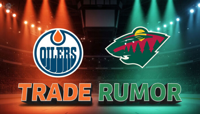 image featuring the Edmonton Oilers and Minnesota Wild logos with the words "Trade Rumor" in large text underneath. The logos are set against a dramatic hockey arena background with spotlights in the teams' colors, creating an intense and exciting atmosphere.