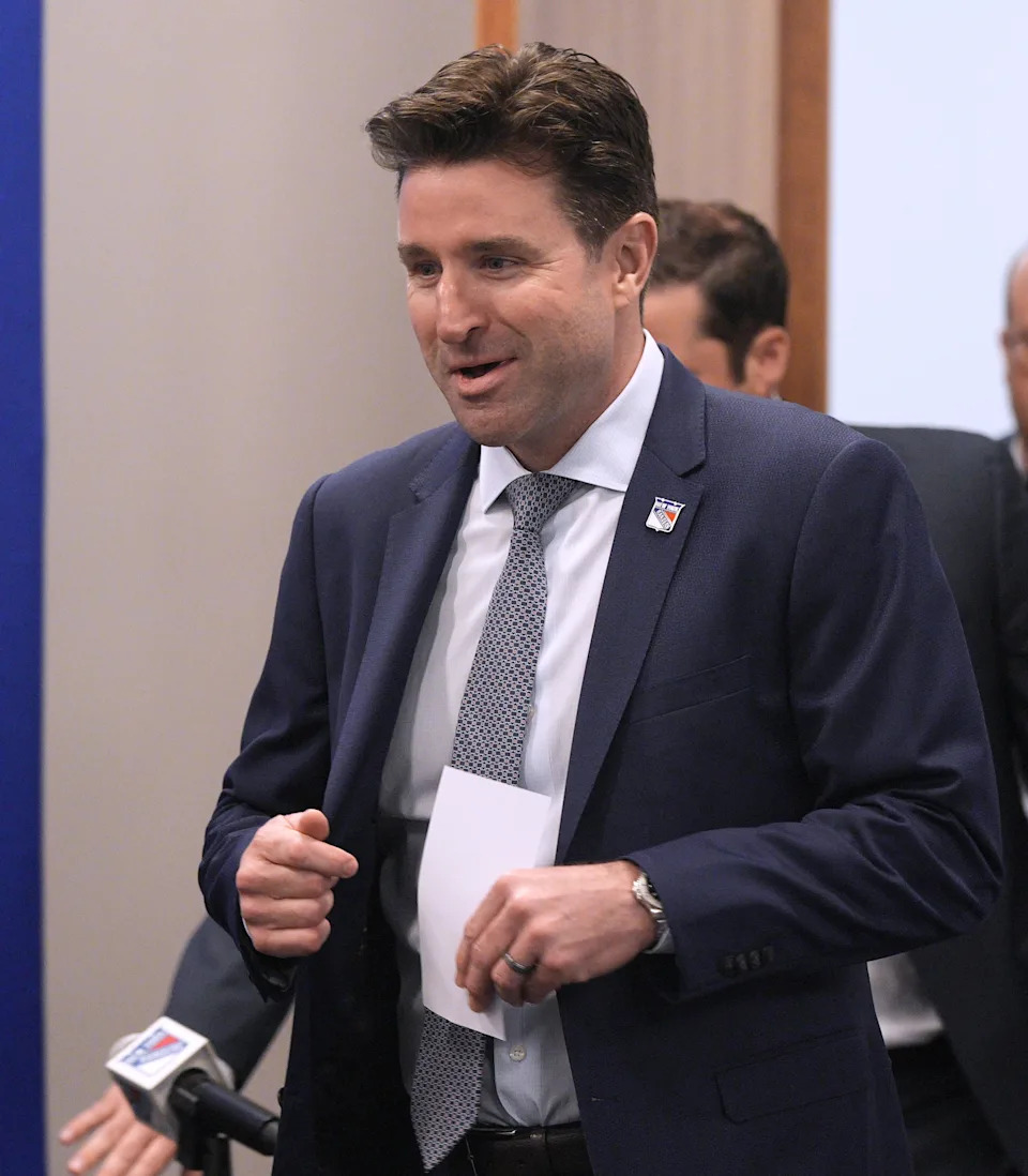 NY Rangers president and general manager Chris Drury during a press conference to introduce new head coach Mike Sullivan at the MSG Training Center in Tarrytown, New York May 8, 2025.