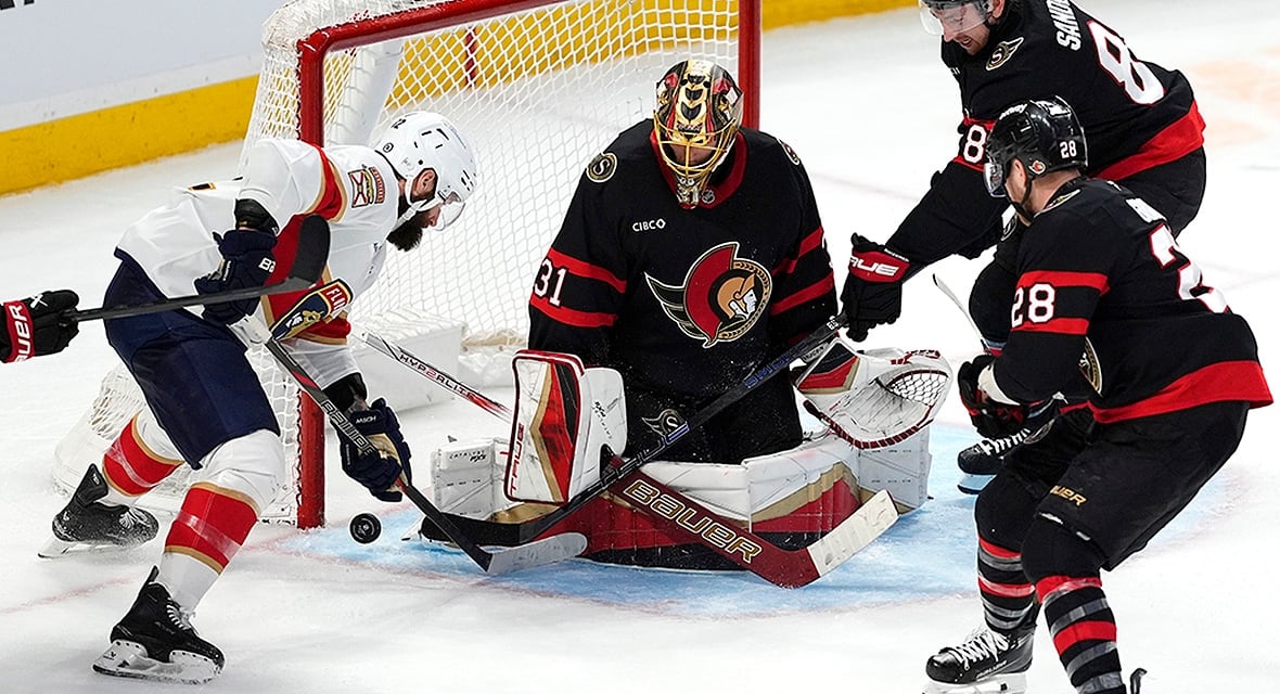  Ottawa Senators goaltender Anton Forsberg makes a save on Florida Panthers' Jonah Gadjovich during the third period of an NHL regular-season game in Ottawa on April 5, 2025. 