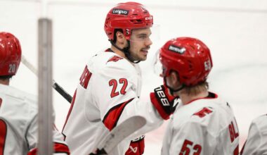 Carolina Hurricanes center Logan Stankoven (22) celebrates his goal in the third period of Game 1 of a second-round NHL hockey playoff series against the Washington Capitals Tuesday, May 6, 2025, in Washington. (AP Photo/Nick Wass)