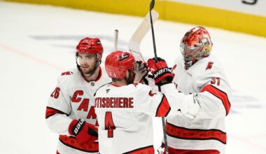 Carolina Hurricanes goaltender Frederik Andersen, right, celebrates with defenseman Shayne Gostisbehere (4) and defenseman Sean Walker (26) after Game 5 of a second-round NHL hockey playoff series against the Washington Capitals Thursday, May 15, 2025, in Washington. (AP Photo/Nick Wass)