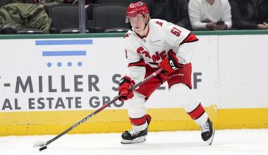 Carolina Hurricanes right wing Jackson Blake controls the puck during an NHL hockey game against the Dallas Stars in Dallas, Jan. 21, 2025. (AP Photo/Tony Gutierrez, File)