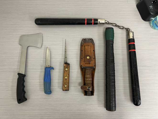 The weapons seized by police during a traffic stop on Alfred Rd. in Lyman on Saturday.