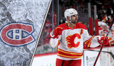 An action shot of Nazem Kadri in his Calgary Flames jersey, with the Montreal Canadiens logo in the background, illustrating the latest NHL trade rumors.