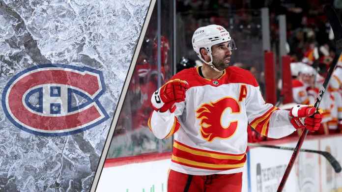 An action shot of Nazem Kadri in his Calgary Flames jersey, with the Montreal Canadiens logo in the background, illustrating the latest NHL trade rumors.