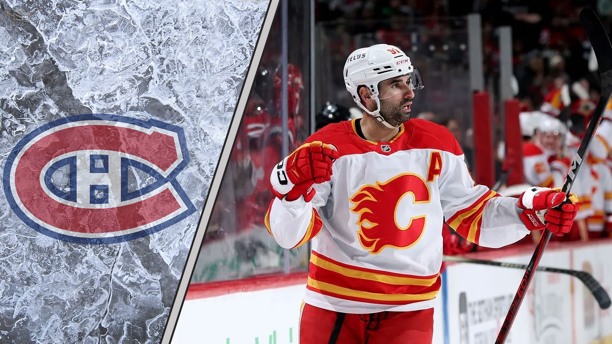 An action shot of Nazem Kadri in his Calgary Flames jersey, with the Montreal Canadiens logo in the background, illustrating the latest NHL trade rumors.