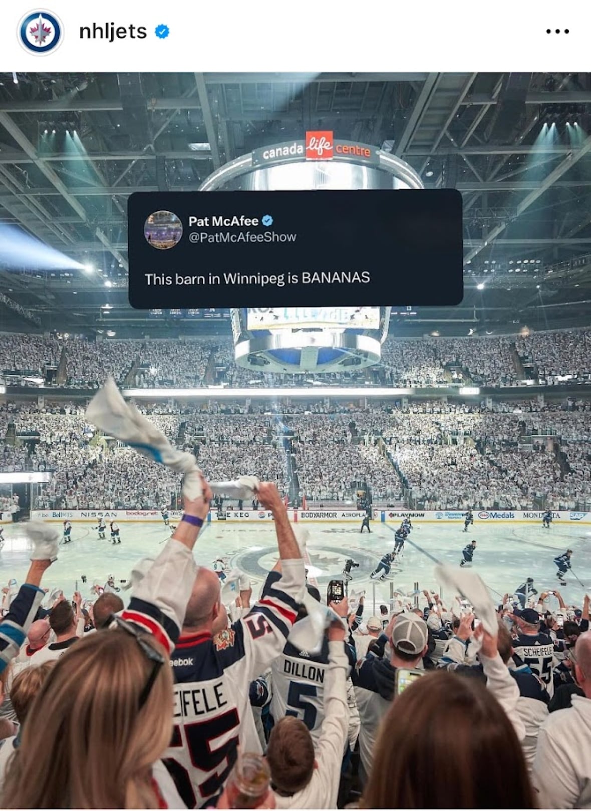 An image of cheering, white-clad fans in a hockey arena.