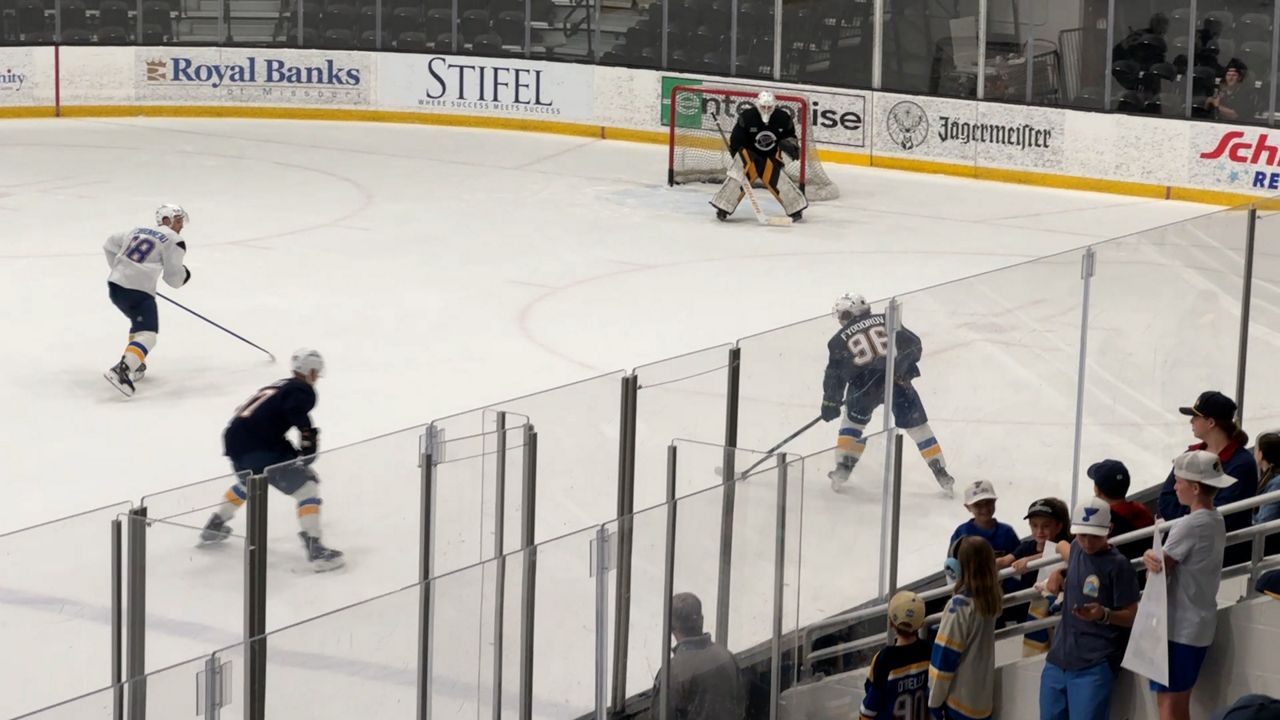 Blues' rookies Charbonneau and Fyodorov compete in a three-on-three part of the session