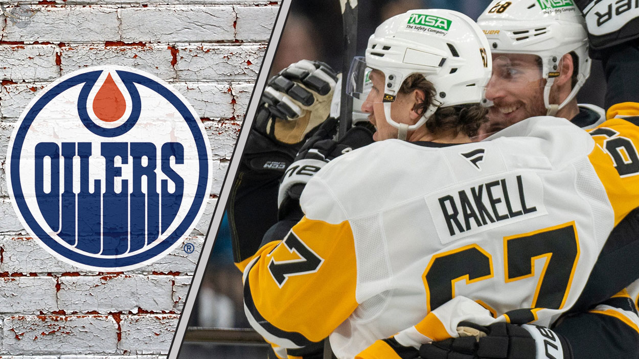 Edmonton Oilers logo on the left and a headshot of Pittsburgh Penguins forward Rickard Rakell on the right, symbolizing a potential trade.
