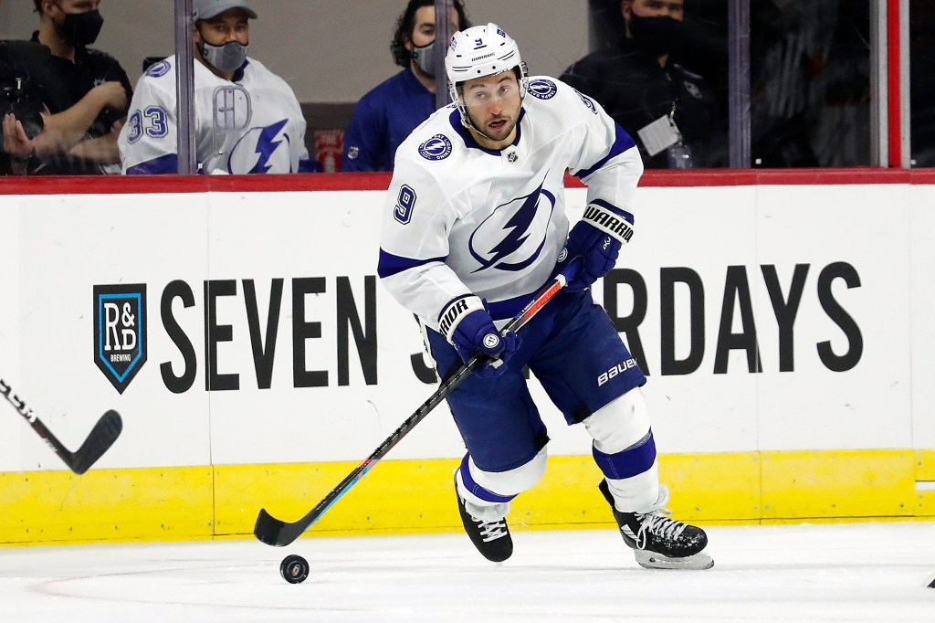 Tyler Johnson of the Tampa Bay Lightning playing hockey.