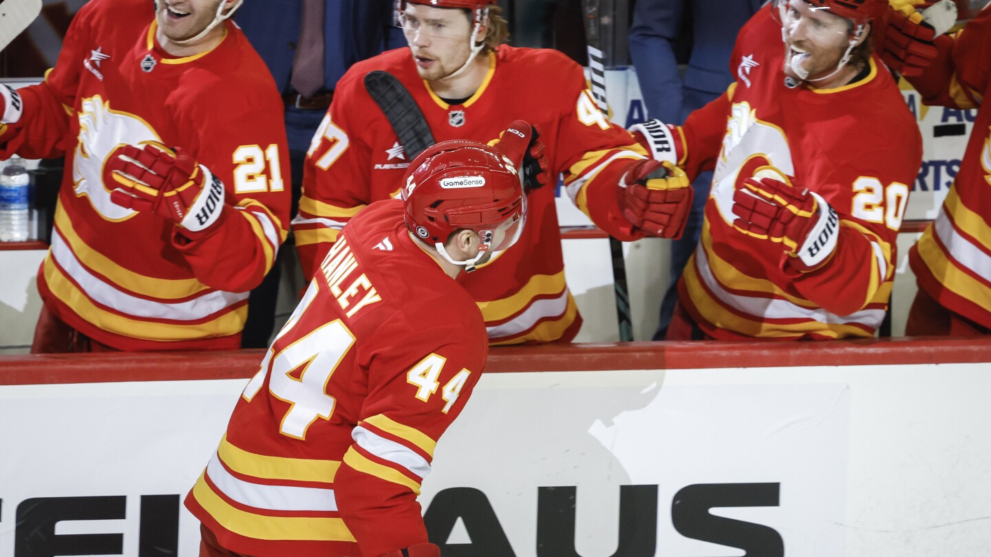 Hanley's 1st goal of the season lifts Flames past Sharks 3-2