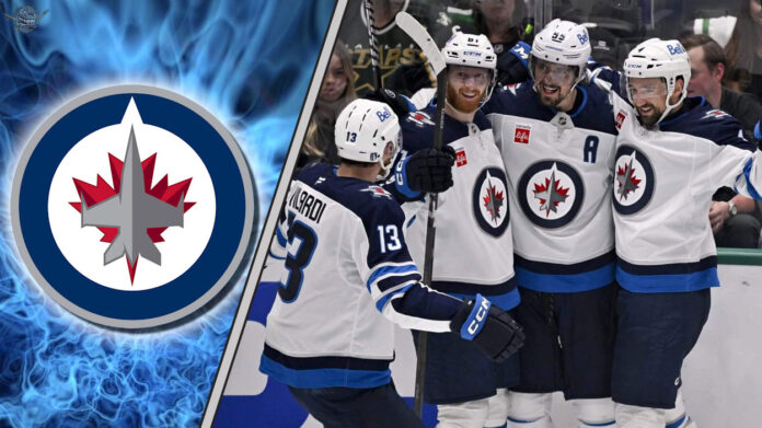 Winnipeg Jets preseason schedule 2025 featuring jets players to the right and the Winnipeg Jets logo to the left