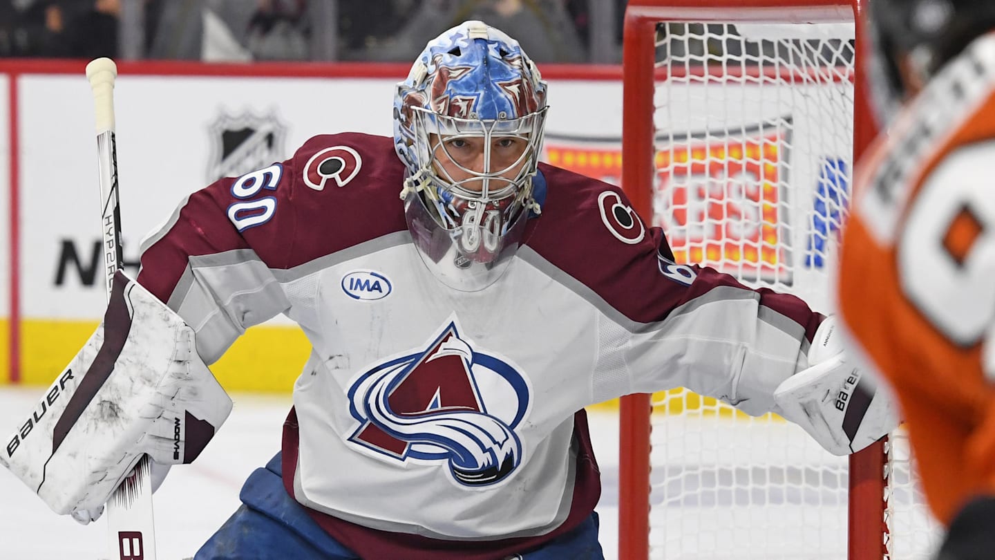 Nov 18, 2024; Philadelphia, Pennsylvania, USA; Colorado Avalanche goaltender Justus Annunen (60) against the Philadelphia Flyers at Wells Fargo Center. Mandatory Credit: Eric Hartline-Imagn Images