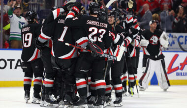 Jan 6, 2025; Buffalo, New York, USA;  The Buffalo Sabres celebrate a shootout win over the Washington Capitals at KeyBank Center. Mandatory Credit: Timothy T. Ludwig-Imagn Images