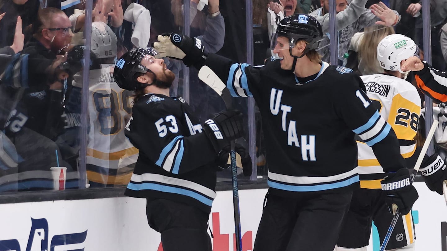 Jan 29, 2025; Salt Lake City, Utah, USA; Utah Hockey Club left wing Michael Carcone (53) celebrates scoring a goal against the Pittsburgh Penguins with center Nick Bjugstad (17) during the second period at Delta Center. Mandatory Credit: Rob Gray-Imagn Images