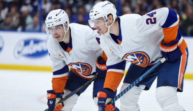 Feb 1, 2025; Tampa, Florida, USA; New York Islanders center Jean-Gabriel Pageau (44) talks to New York Islanders defenseman Scott Mayfield (24) against the Tampa Bay Lightning in the second period at Amalie Arena. Mandatory Credit: Nathan Ray Seebeck-Imagn Images
