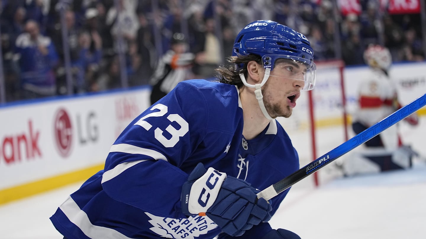 May 5, 2025; Toronto, Ontario, CAN; Toronto Maple Leafs forward Matthew Knies (23) reacts after his goal against Florida Panthers goaltender Sergei Bobrovsky (72) during the third period of game one of the second round of the 2025 Stanley Cup Playoffs at Scotiabank Arena. Mandatory Credit: John E. Sokolowski-Imagn Images