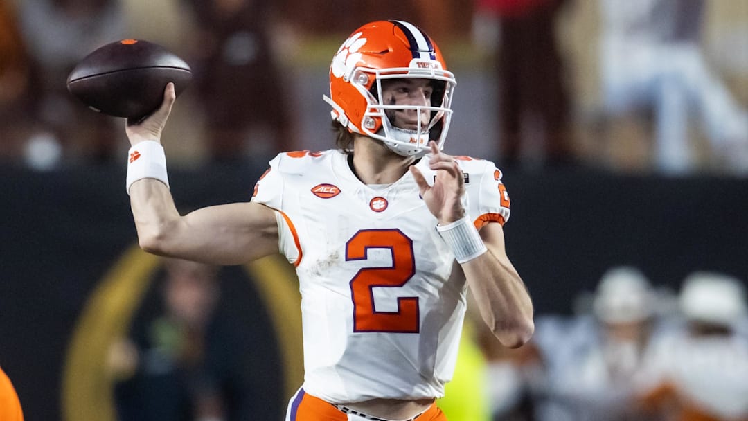 Dec 21, 2024; Austin, Texas, USA; Clemson Tigers quarterback Cade Klubnik (2) against the Texas Longhorns during the CFP National playoff first round at Darrell K Royal-Texas Memorial Stadium. Mandatory Credit: Mark J. Rebilas-Imagn Images