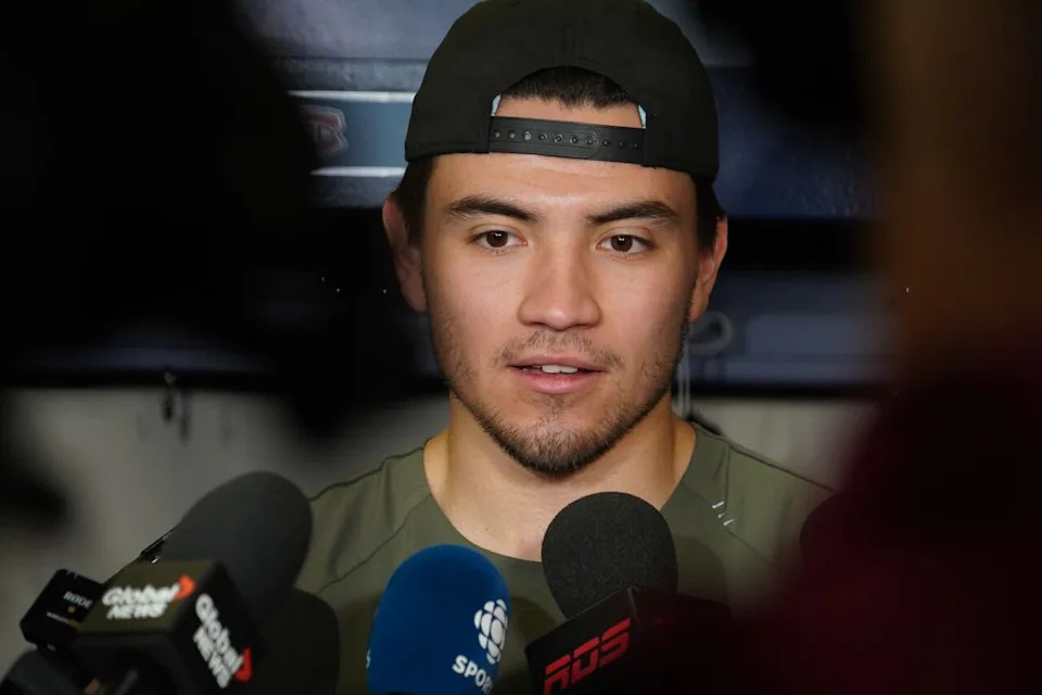 Montreal Canadiens captain Nick Suzuki talks to reporters at the end of the team's season. The Habs did not make the playoffs.