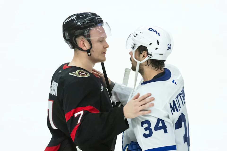 Ottawa Senators left wing Brady Tkachuk (7) shares a moment with Toronto Maple Leafs center Auston Matthews (34).Marc DesRosiers-Imagn Images