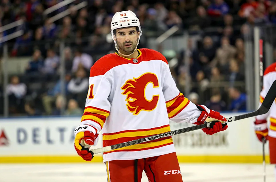 Calgary Flames center Nazem Kadri (91) during a stoppage in play.Danny Wild-USA TODAY Sports via Imagn Images