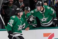 Dallas Stars center Matt Duchene (95) celebrates his shootout goal with teammate Brendan...