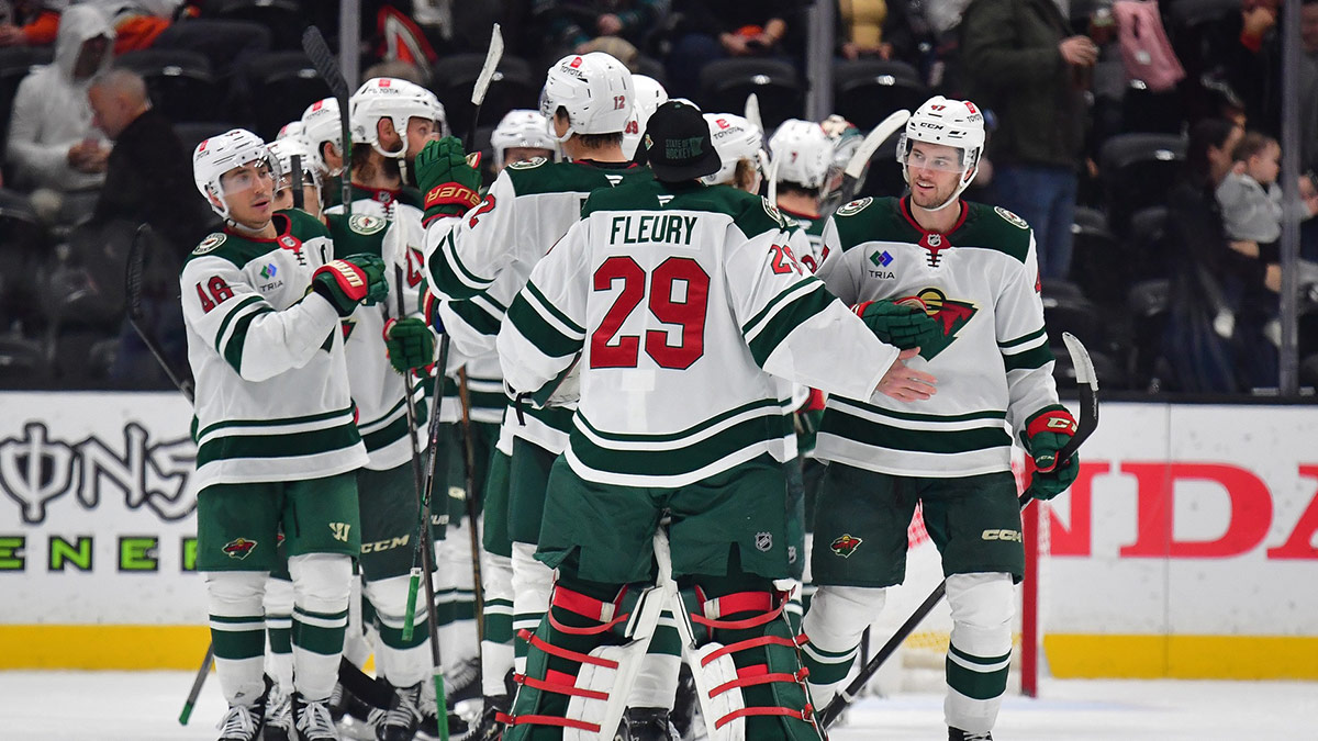 Minnesota Wild celebrate the victory against the Anaheim Ducks at Honda Center.