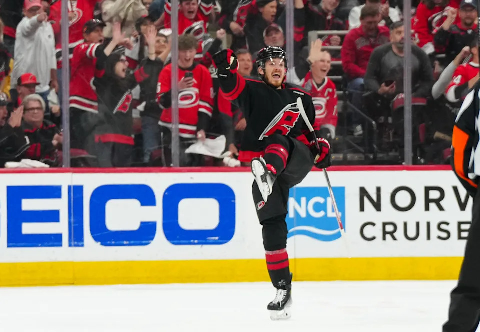 Carolina Hurricanes free-agent center Jack Roslovic celebrates a goal against the Washington Capitals.James Guillory-Imagn Images