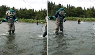 NHL Seattle Kraken mascot Buoy chased by grizzly bear while fly-fishing in Anchorage, Alaska, USA
