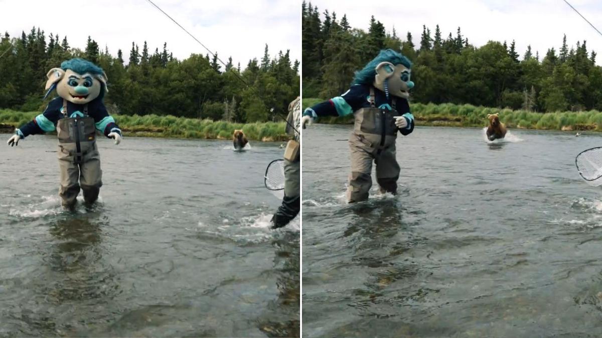 NHL Seattle Kraken mascot Buoy chased by grizzly bear while fly-fishing in Anchorage, Alaska, USA