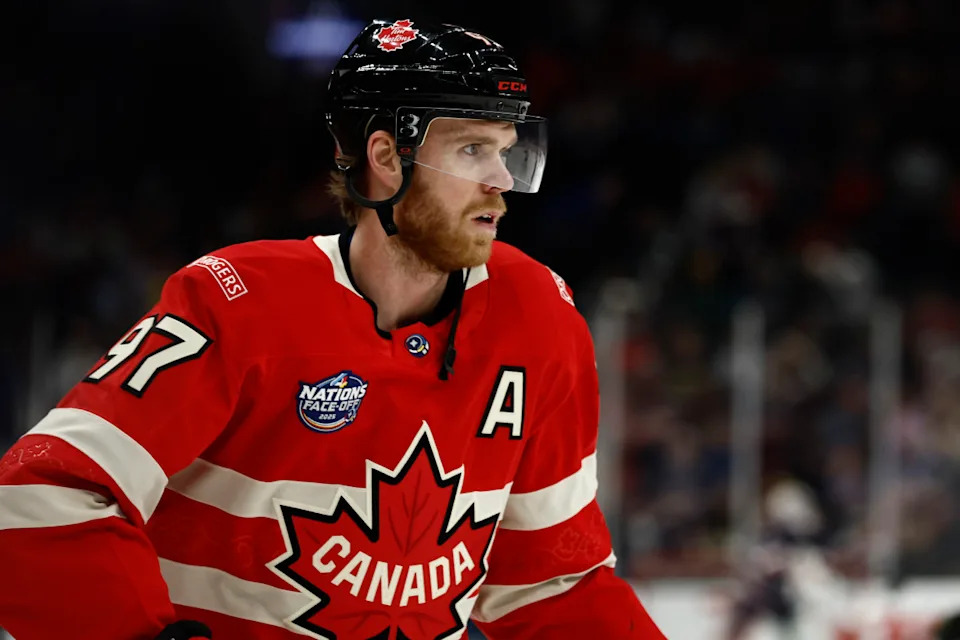 Team Canada forward Connor McDavid (97) before the 4 Nations Face-Off ice hockey championship game.Winslow Townson-Imagn Images