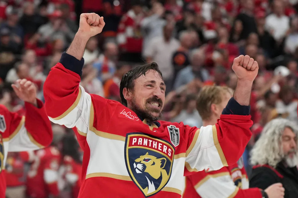 Florida Panthers center Brad Marchand (63) celebrates winning the 2025 Stanley Cup Final.Jim Rassol-Imagn Images