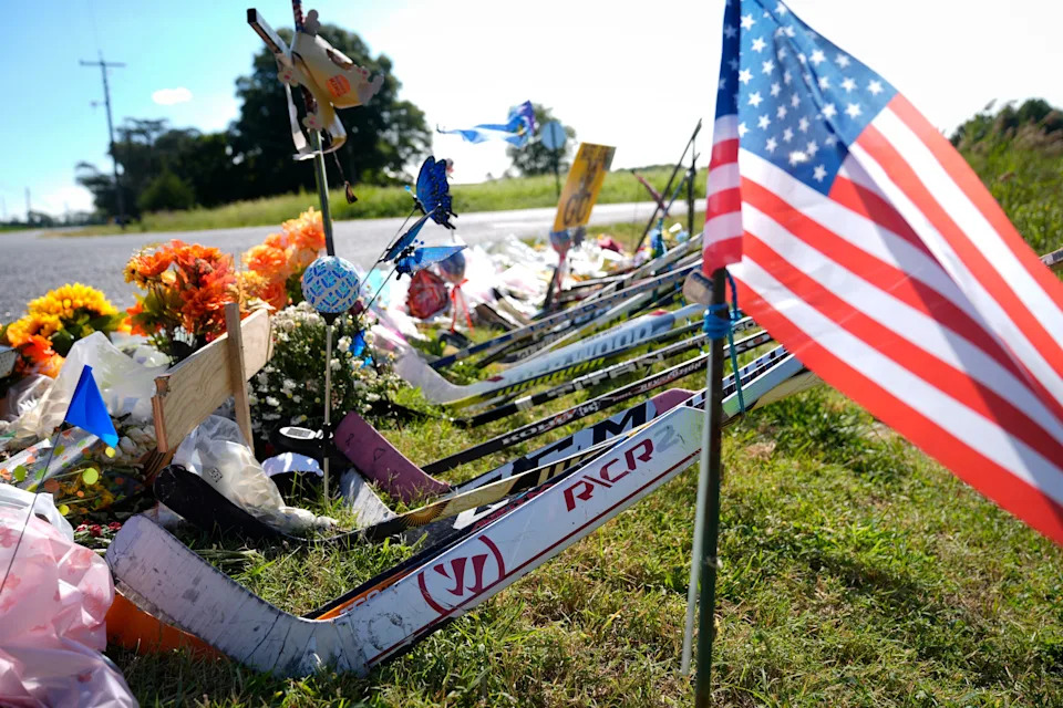 A makeshift memorial for NHL hockey player Johnny Gaudreau and his brother Matthew, who were killed by a suspected drunken driver as they bicycled on a rural road.