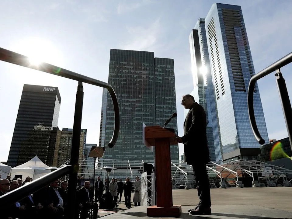 Mayor Amarjeet Sohi takes part in a press conference in March to officially announce a funding agreement for a new $250-million OEG event park.