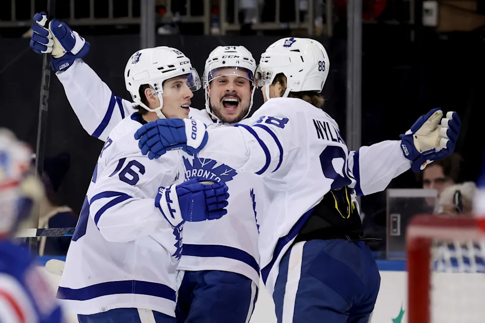 Former Toronto Maple Leafs right wing Mitchell Marner (16) celebrates a goal against the New York Rangers.Brad Penner-USA TODAY Sports