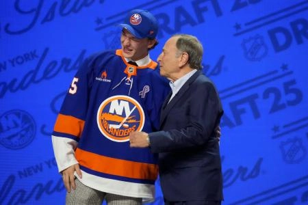 Jun 27, 2025; Los Angeles, California, USA; Matthew Schaefer is selected as the first overall pick to the New York Islanders in the first round of the 2025 NHL Draft at Peacock Theater.