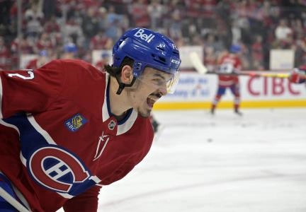Apr 25, 2025; Montreal, Quebec, CAN; Montreal Canadiens defenseman Arber Xhekaj (72) skates during the warmup period in game three of the first round of the 2025 Stanley Cup Playoffs against the Washington Capitals at the Bell Centre.